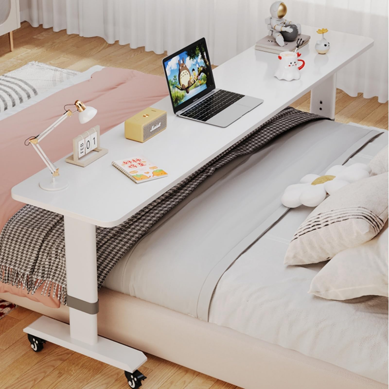Adjustable Overbed Table with Wheels - Mobile Desk for Laptop & Reading in Bed