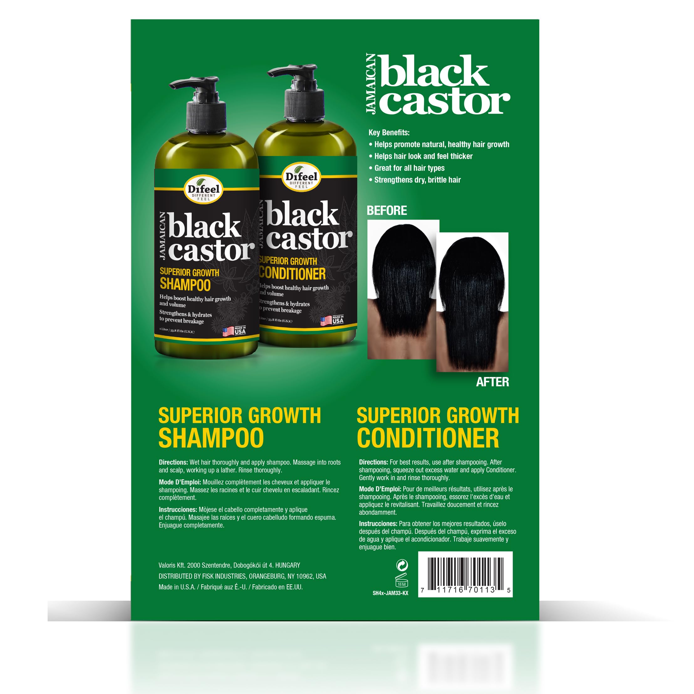 Difeel Jamaican Black Castor Oil Shampoo & Conditioner Set for Hair Growth - Sulfate Free, Paraben Free, 33.8oz Each - Gift Box for Dry, Damaged, Thinning & Frizzy Hair - Perfect for Daily Hair Care & Scalp Nourishment