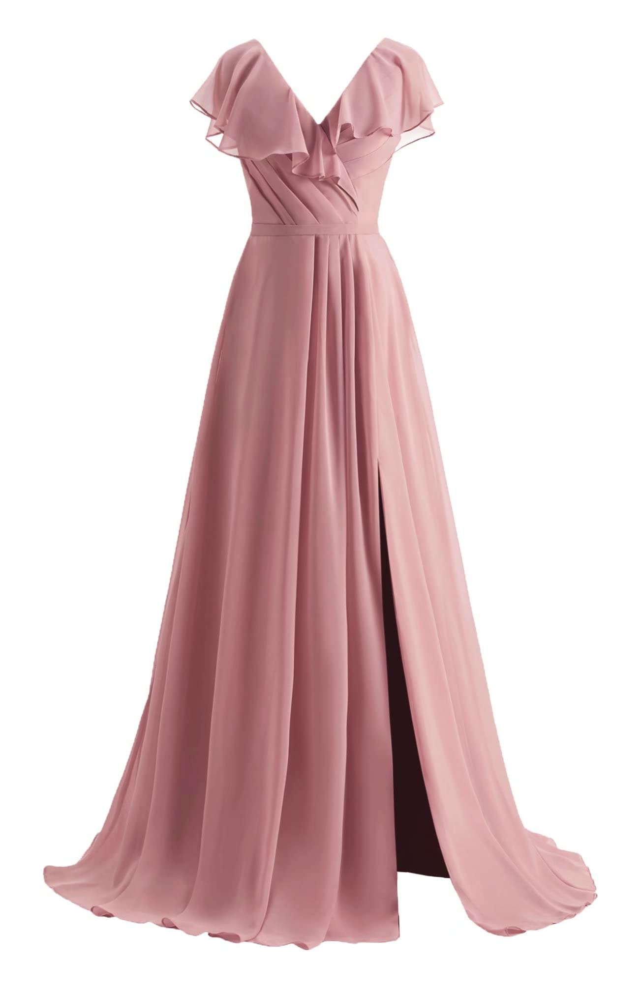 Elegant V-Neck Chiffon Bridesmaid Dresses with Slit & Ruffle Sleeves - Long Formal Evening Gowns for Women | Perfect for Weddings, Parties & Special Occasions