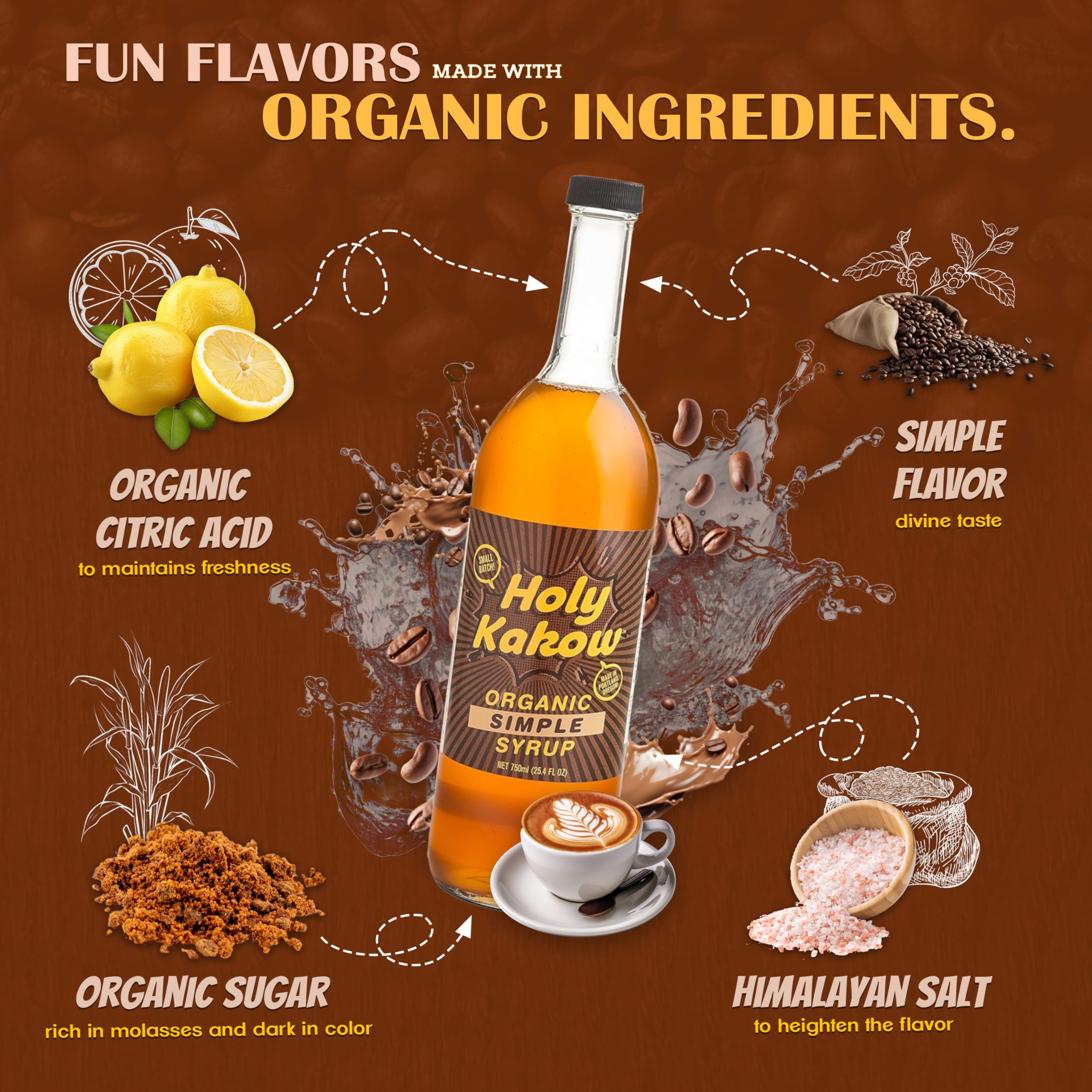Holy Kakow Organic Cafe Simple Syrup - 750ml | All-Natural Coffee Syrup for Lattes, Cocktails & Shakes | Vegan, Gluten-Free Sweetener with Real Food Ingredients | Perfect for Home Baristas & Mixologists