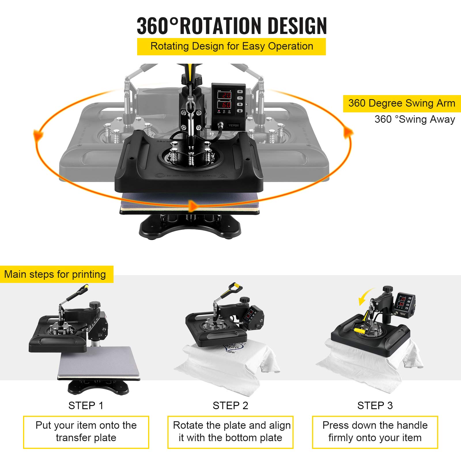 VEVOR 8-in-1 Digital Heat Press Machine 12x15 Inch with 360° Swing Away - Professional T-Shirt, Hat, Mug & Plate Sublimation Transfer Press for DIY Crafts & Small Business (Black) | Perfect for Custom Apparel, Promotional Items & Personalized Gifts
