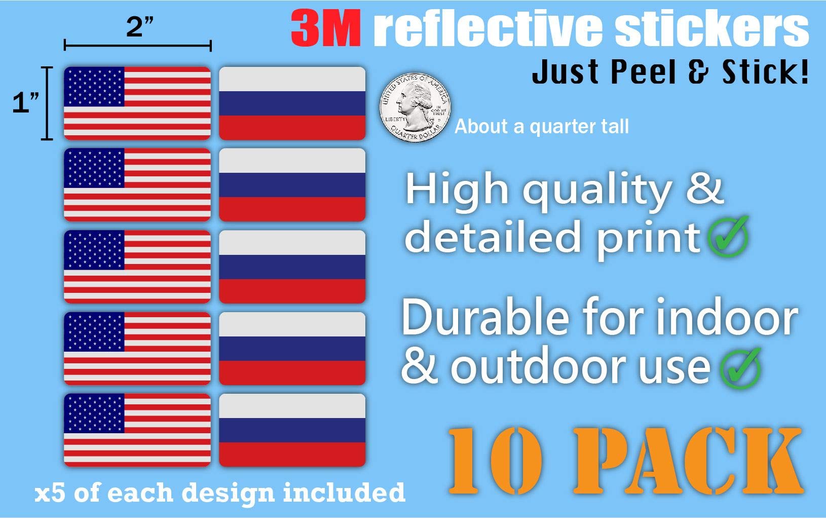 10-Pack 3M Reflective US & Russia Flag Stickers - High Visibility Safety Decals for Hard Hats, Helmets, Bikes, Toolboxes & Laptops - Perfect for Night Safety, Work Gear Identification & Patriotic Decor