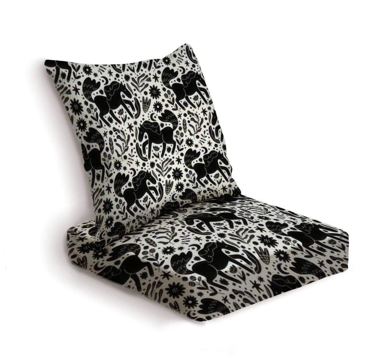 Scandinavian Style Outdoor Deep Seat Cushions Set - Waterproof All Weather Patio Furniture Cushions for Sofa, Chair with Horses & Flowers Folk Pattern - Perfect for Garden, Deck, Poolside and Backyard Relaxation
