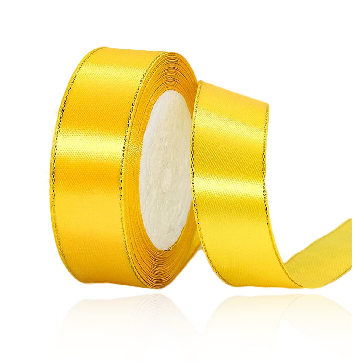 1 Inch x 25 Yards Yellow Satin Ribbon with Gold Edges - Premium Fabric Ribbon for Gift Wrapping, DIY Crafts, Wedding Decor, Hair Bows & Floral Arrangements - Perfect for Baby Showers, Party Decorations & Sewing Projects