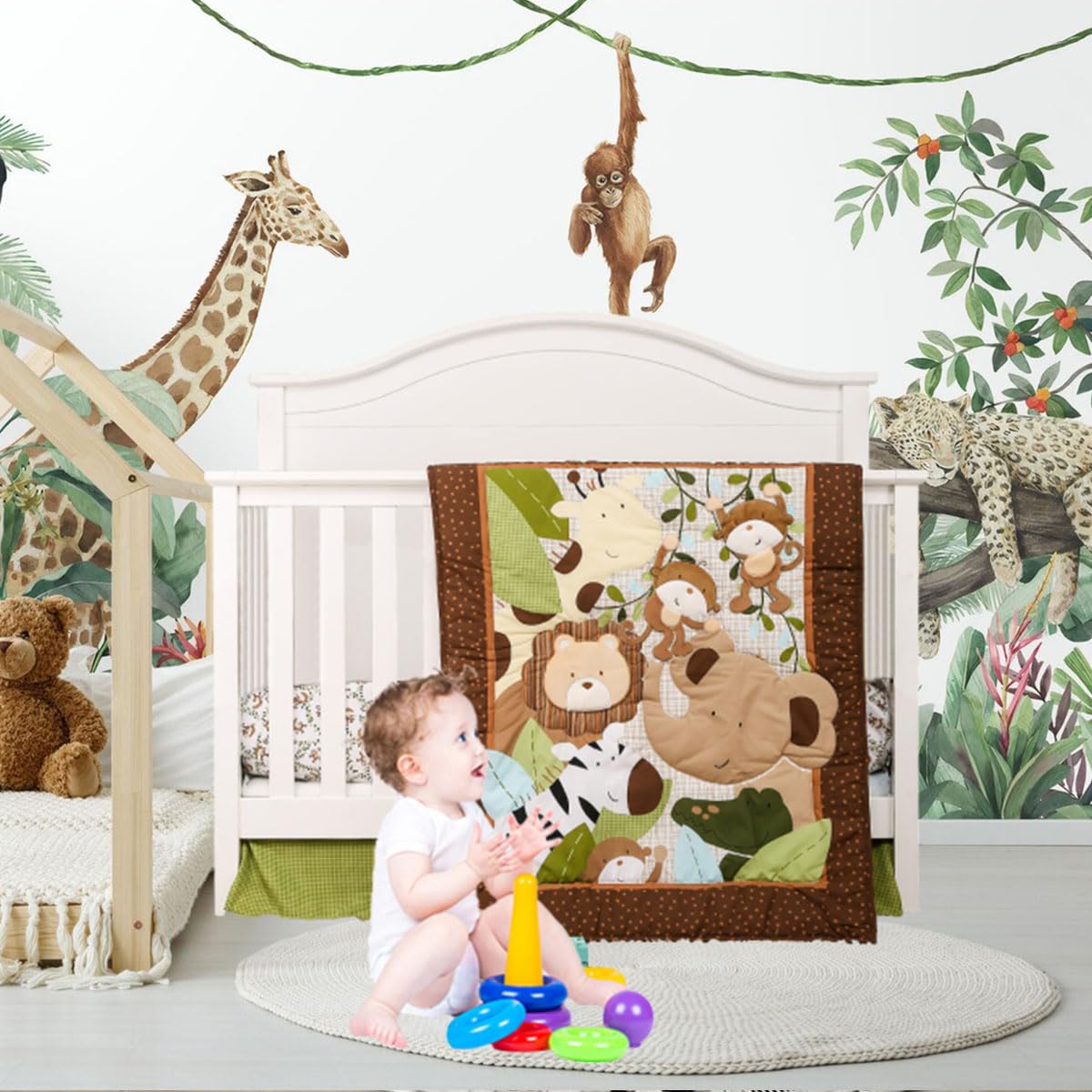 Brandream Jungle Crib Bedding Set for Boys - 3 Piece Lion Elephant Safari Nursery Bedding Set with Comforter, Fitted Crib Sheet & Crib Skirt | Perfect for Baby Shower Gifts & Nursery Decor