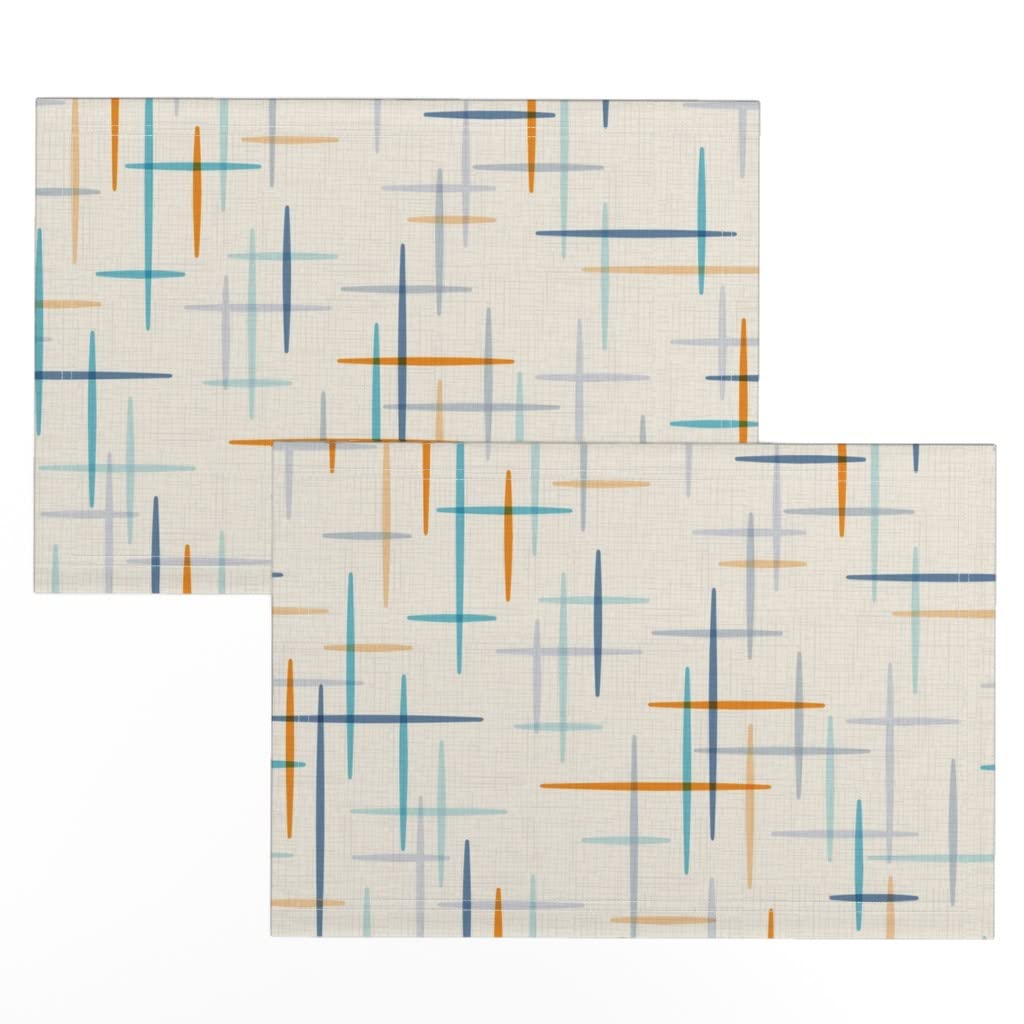 Spoonflower Linen Cotton Canvas Placemats Set of 2 - Blue Aqua Orange Cream Mid Century Atomic Print Textured Table Mats for Dining, Kitchen Decor & Dinner Parties