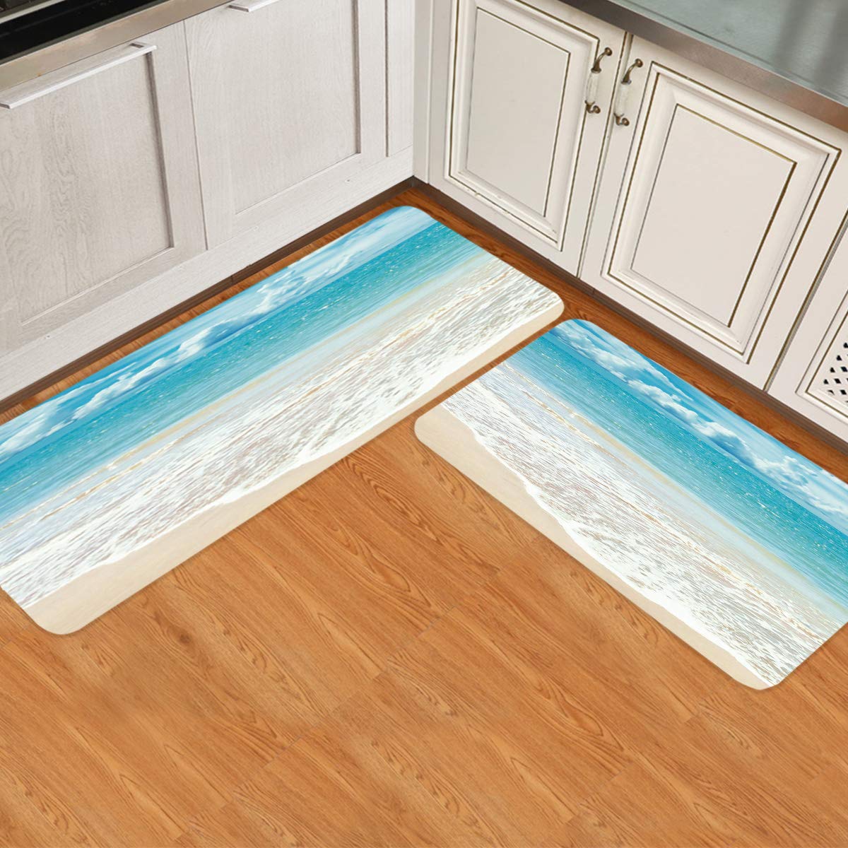 Ocean Themed Kitchen Mats - Cushioned Anti-Fatigue 2-Piece Set, Non-Slip Waterproof Floor Mats for Comfortable Standing - Blue Sky White Cloud Beach Design | Perfect for Kitchens, Laundry Rooms & Home Decor