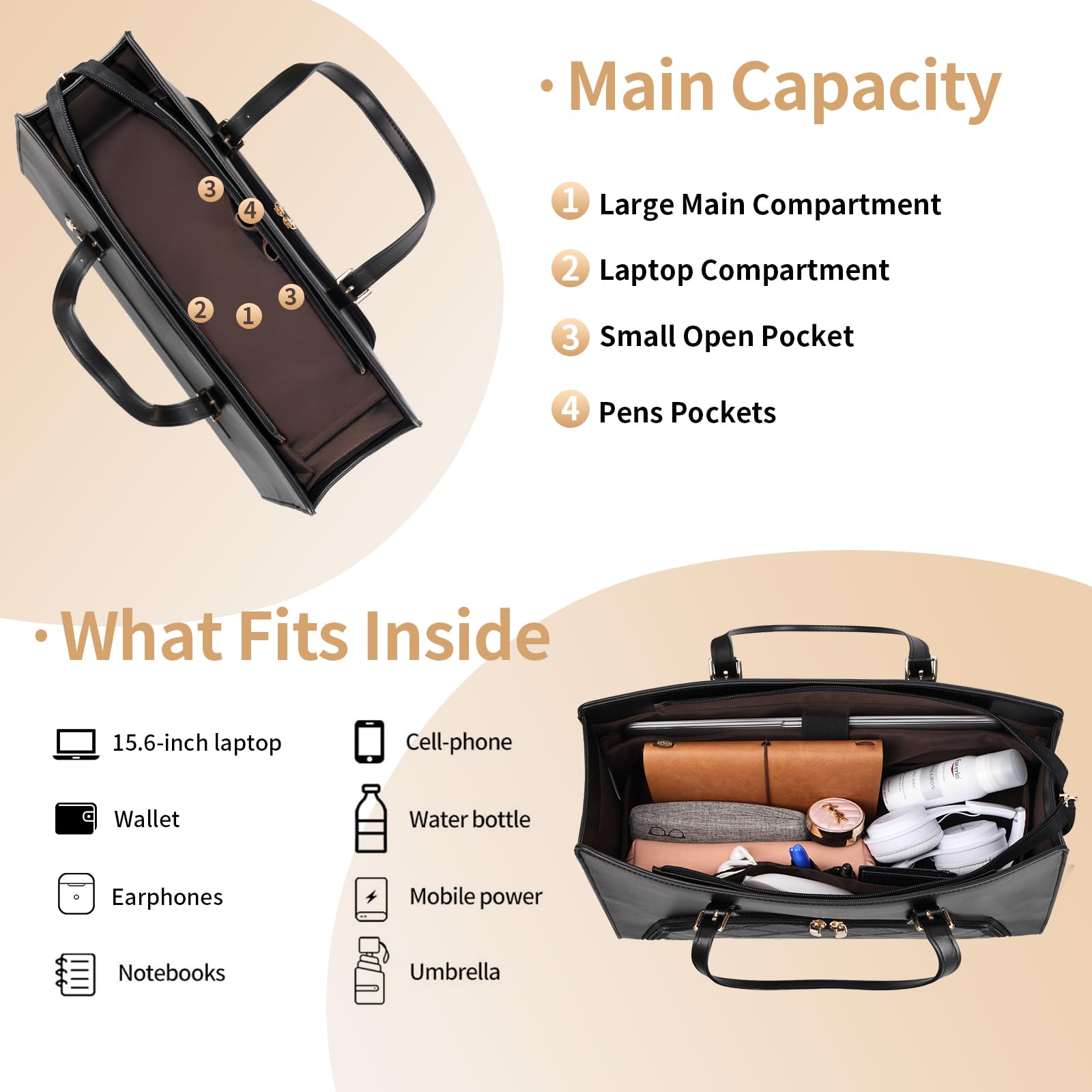 BERTASCHE 15.6 Inch Laptop Tote Bag for Women - PU Leather Waterproof Work Bag with Insulated Lunch Compartment - Business Briefcase & Office Shoulder Handbag - Perfect for Commuting, Business Travel & Work Essentials (Black)