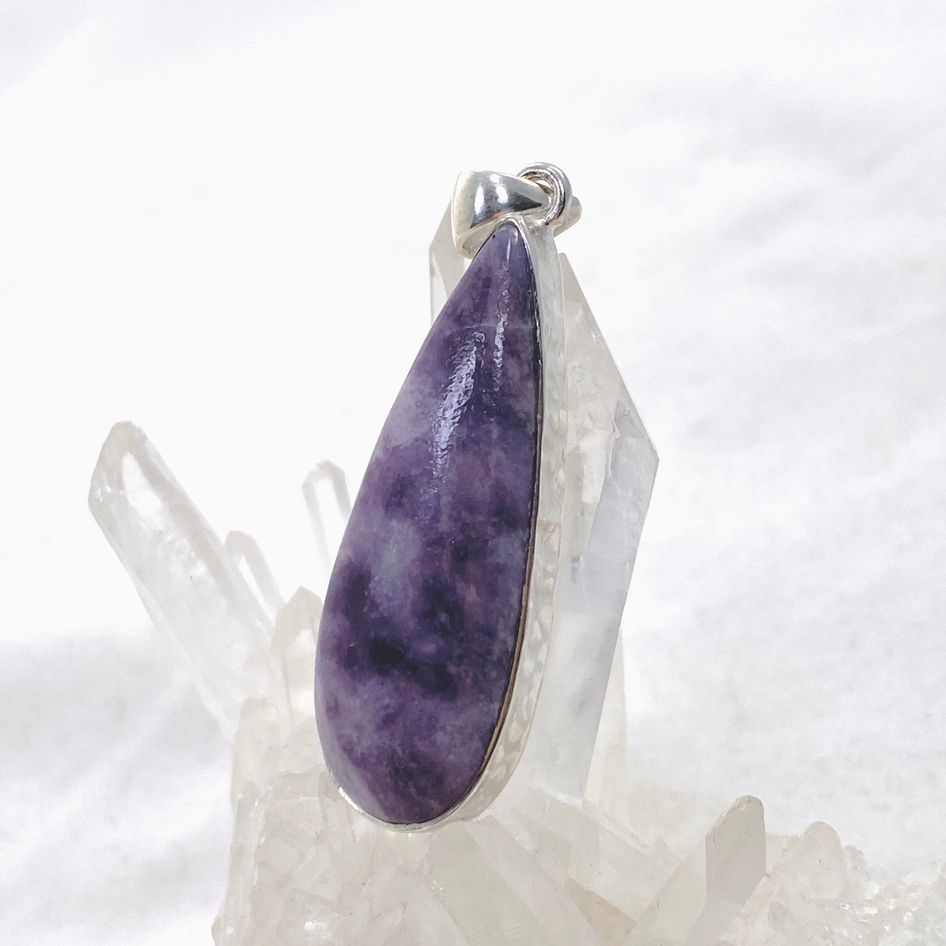 Lepidolite Teardrop Cabochon Pendant in Hammered Sterling Silver Setting KPGJ4610 - Healing Crystal Jewelry for Stress Relief & Meditation