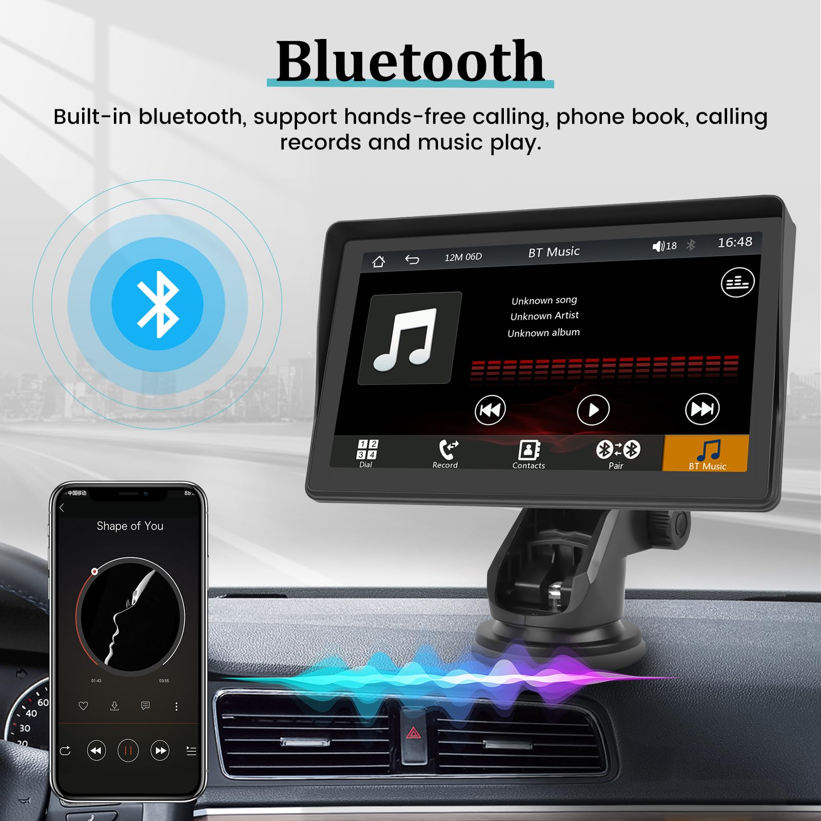 7 Inch Portable Apple CarPlay & Android Auto Wireless Car Screen - GPS Navigation System with Mirror Link, Bluetooth, FM Transmitter & USB - 12 LED Backup Camera for Safe Parking - Perfect for Road Trips & Daily Commuting