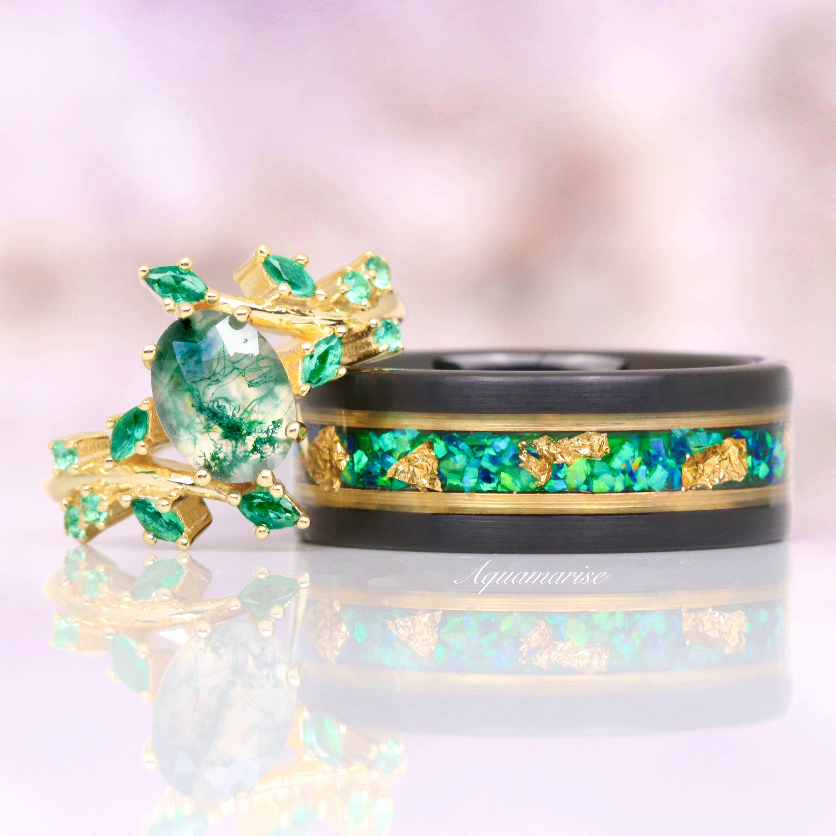 Green Fire Opal & Gold Leaf Wedding Band - 8mm Tungsten Ring for Men - Durable & Hypoallergenic - Perfect for Engagement, Anniversary & Special Occasions