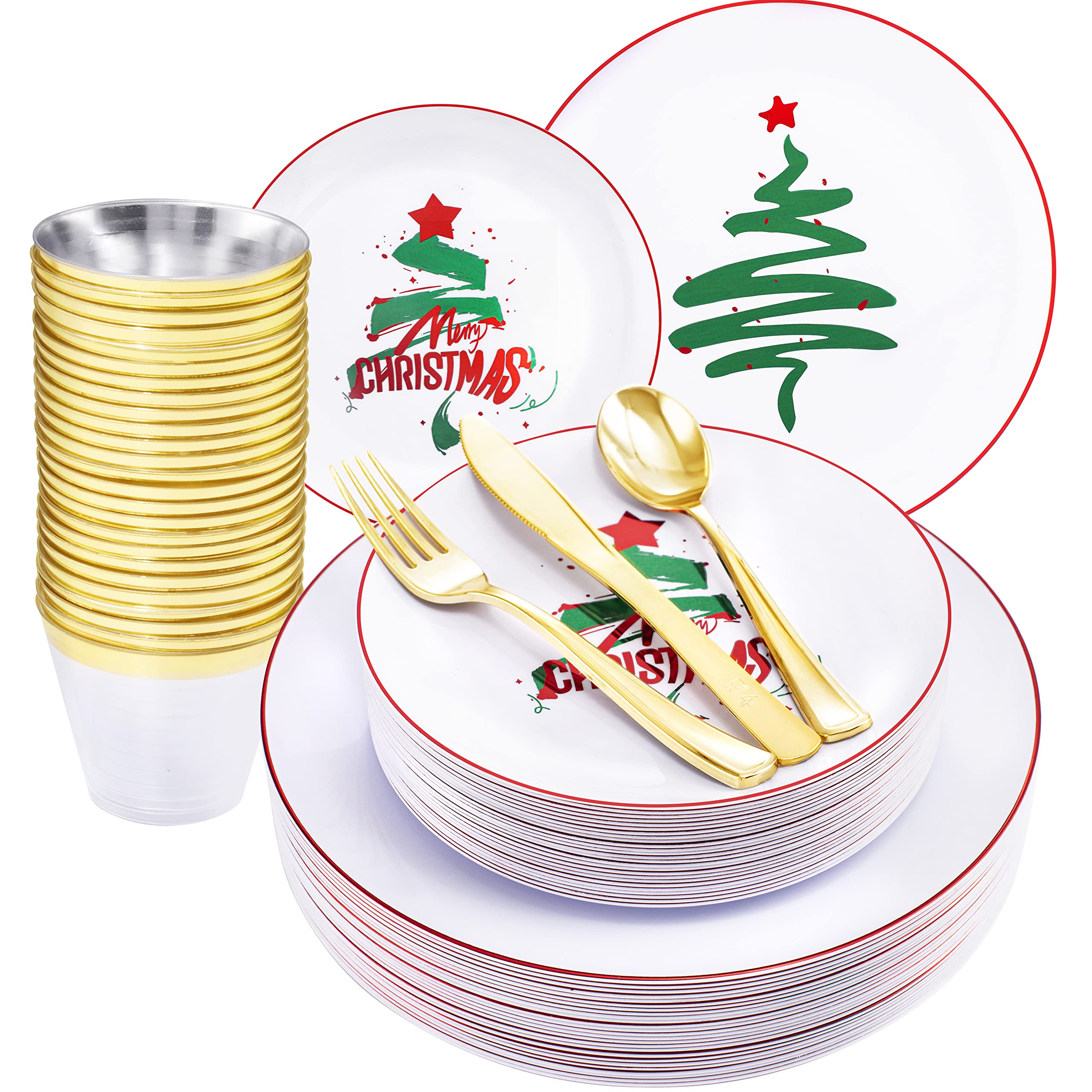 KIRE 25-Pack Christmas Party Plates Set - White & Green Tree Plastic Dinner Plates, Gold Disposable Cutlery & Clear Gold Cups for Holiday Gatherings, Family Dinners & Festive Celebrations
