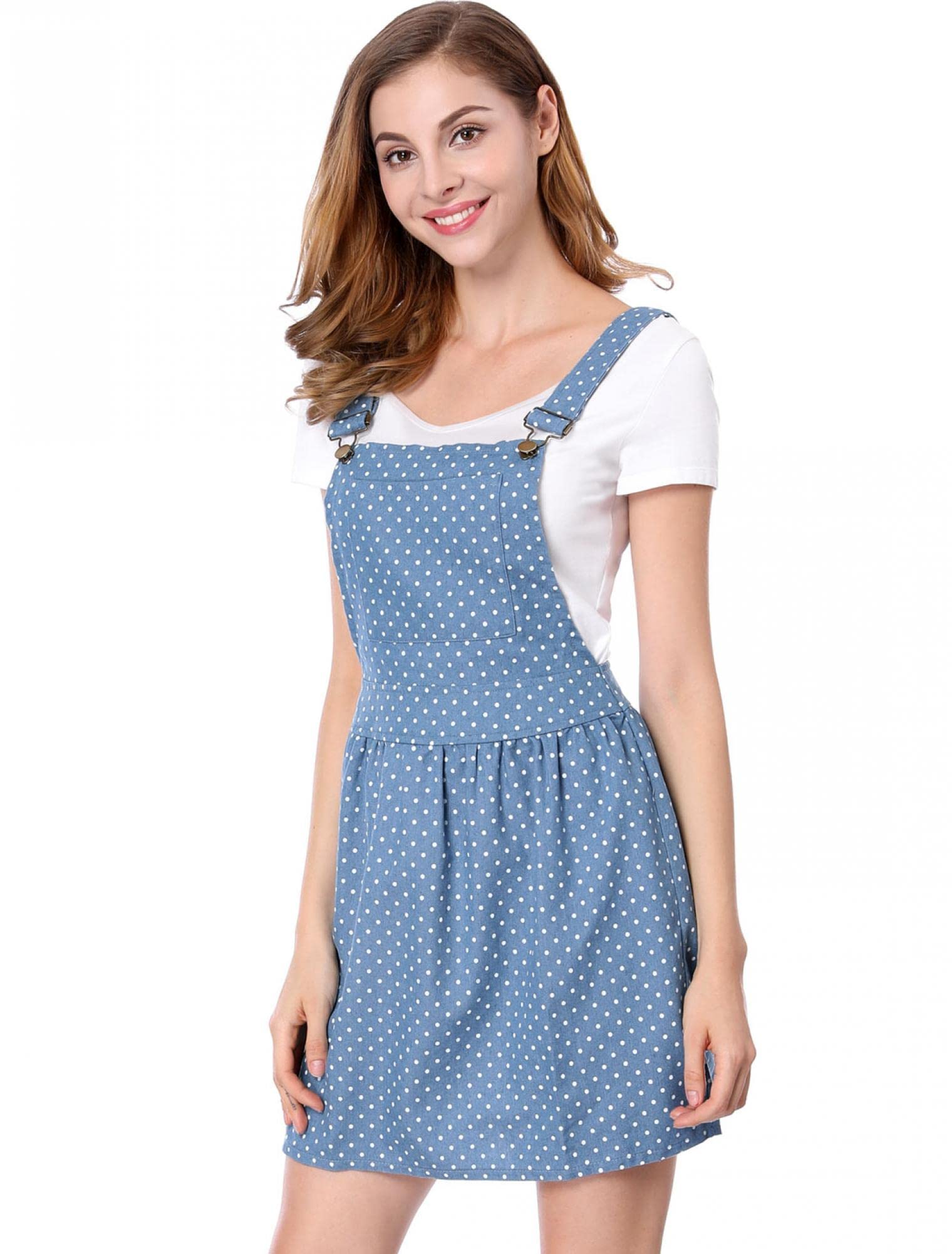 Allegra K Women's Printed Chambray Pinafore Dress with Adjustable Straps - Stylish Mini Overalls for Casual Outings, Date Nights & Spring Fashion