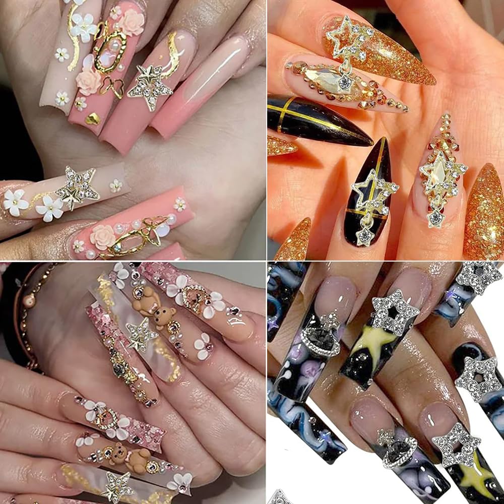 60 PCS Gold Silver Star Nail Art Charms - 6 Styles 3D Shiny Alloy Nail Gems for Acrylic Nails | DIY Nail Decorations for Women & Girls | Perfect for Manicures, Parties & Special Occasions