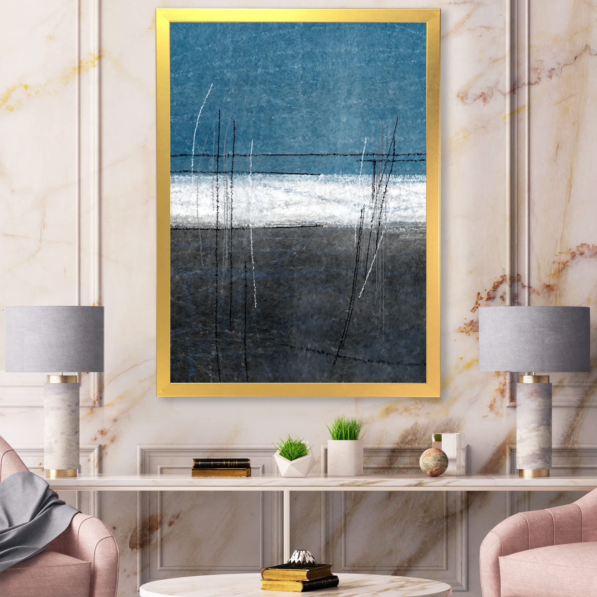 DesignQ Teal and Grey Abstract Art - Modern Framed Wall Painting for Living Room, Bedroom & Office Decor | Contemporary Home Artwork