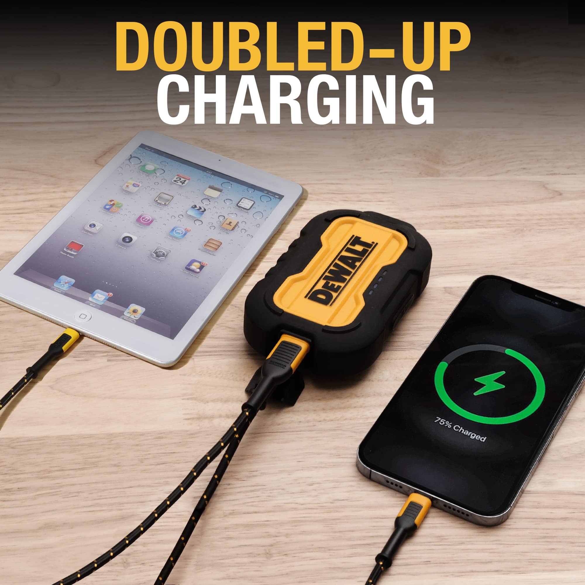 DEWALT Wearable Bluetooth Speaker with Portable Power Bank & 4-in-1 Charging Cable - Perfect for Construction Sites, Outdoor Work, and Hands-Free Music Streaming
