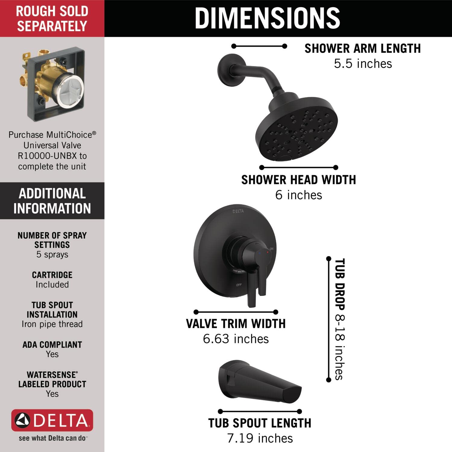 Delta Faucet Galeon Matte Black Shower System - Dual Function Shower Faucet Set with H2Okinetic Technology, Includes Black Shower Head & Tub Spout, Complete Matte Black Trim Kit (T17472-BL, Valve Sold Separately) - Perfect for Modern Bathroom Renovations and Spa-Like Shower Experiences