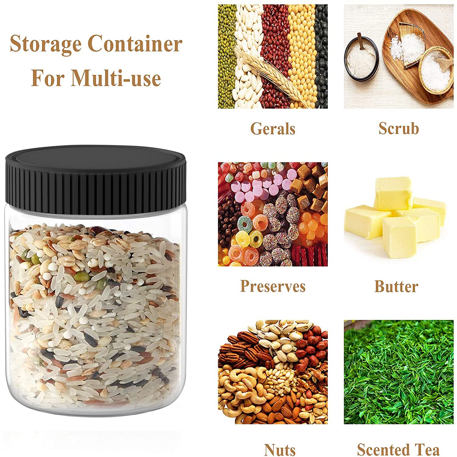 8 Oz Clear Plastic Jars with Black Lids - 6 Pack Airtight Food Storage Containers for Dry Food, Coffee, Nuts, Spices | BPA-Free Kitchen Organization & Pantry Storage Solutions for Home, Office or Restaurant Use