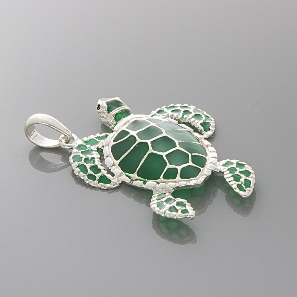 925 Sterling Silver Sea Turtle Charm Necklace with Green Stained Glass Enamel - Dainty Ocean Jewelry for Women, Gift for Marine Lovers, Perfect for Beach Vacations & Summer Outfits