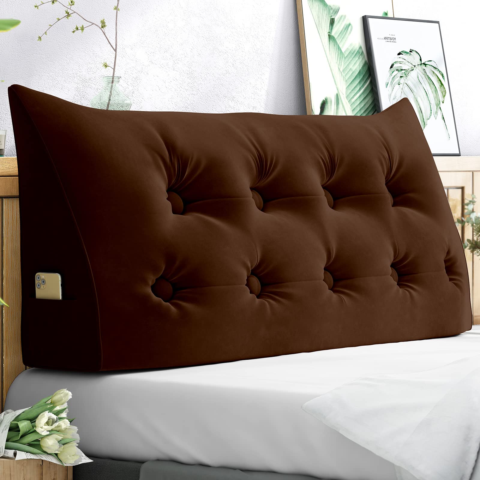 **Mjkone Full Size Large Triangular Reading Pillow with Side Pockets - Velvet Bed Wedge & Bolster Backrest, Removable Cover, Upholstered Button Tufted Design - Perfect for Bedroom, Living Room & Reading Nook**