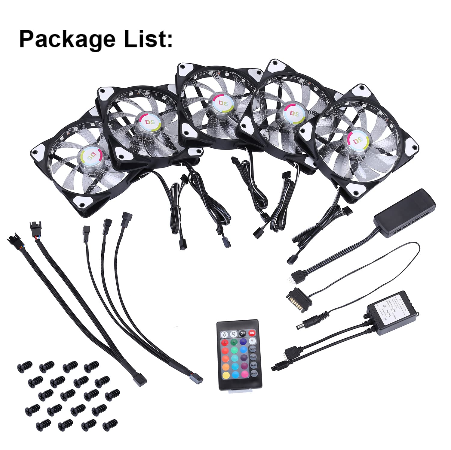 120mm RGB PC Case Fans with Remote Control - 5 Pack LED Cooling Fan Kit for Computer Cases, CPU Coolers & Water Cooling - Compatible with ASUS Aura & MSI Mystic Light Sync - Ultra Quiet F Series Fans for Gaming PCs & Workstations