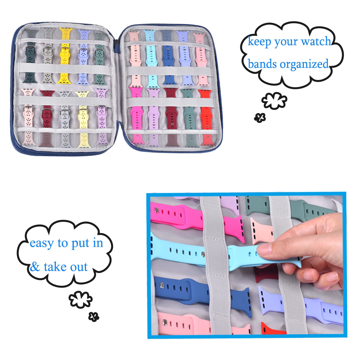 Watch Band Storage Case Organizer for 35 Straps & Accessories - Travel & Home Use (Blue)