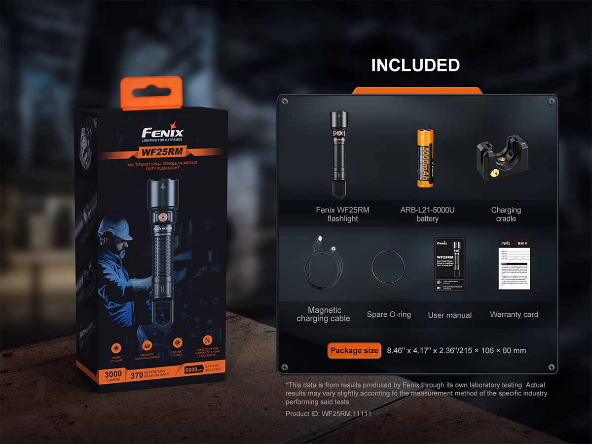 Fenix WF25RM Rechargeable Work Flashlight with Charging Dock - 1200 Lumens, IP68 Waterproof, Durable LED Flashlight for Camping, Hiking, Emergency & Outdoor Activities