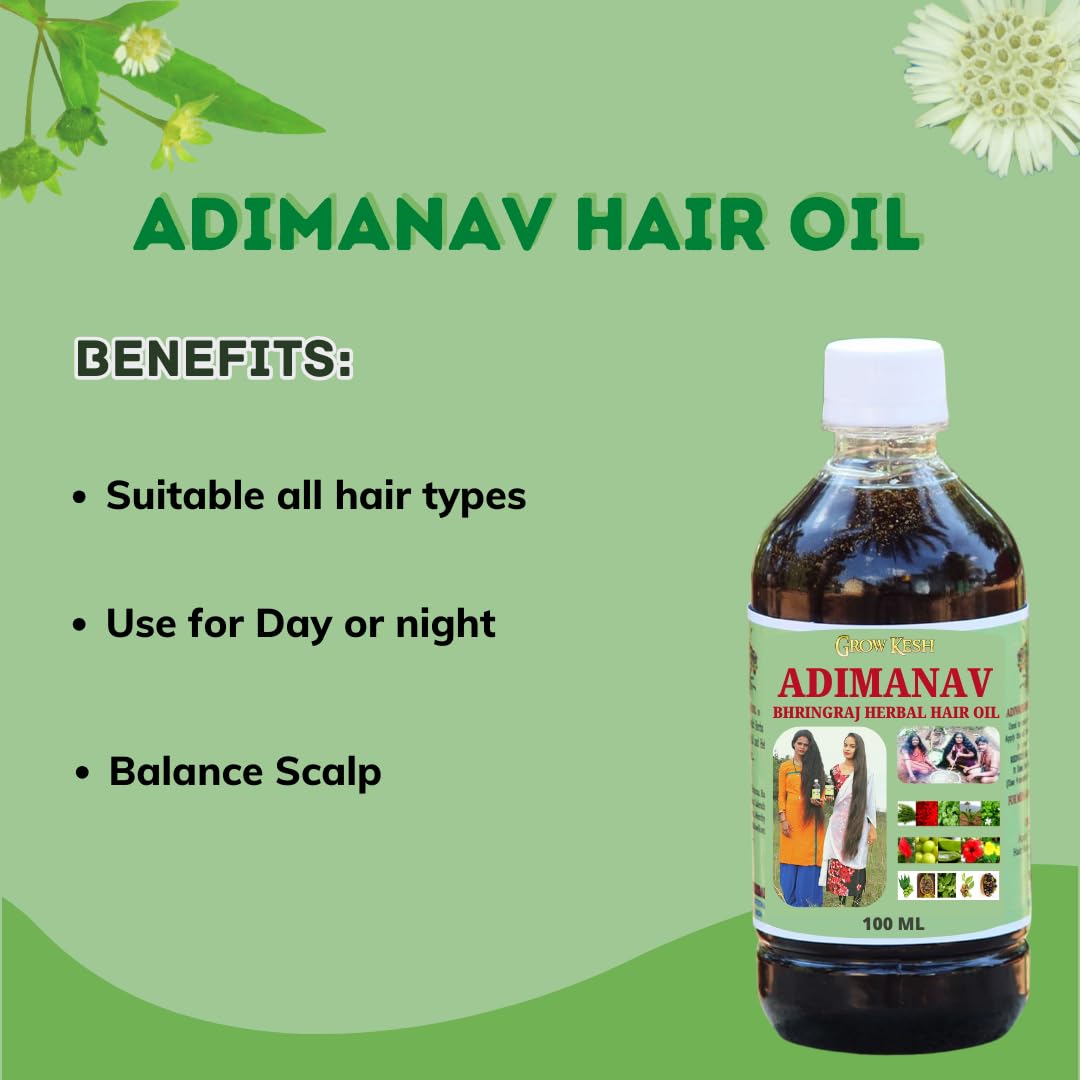 Growkesh Adimanav Bhringraj Herbal Hair Oil - 100% Pure & Natural Hair Growth Treatment for Men & Women | 200ml (Pack of 2) | Reduces Hair Fall, Promotes Thick & Long Hair | Perfect for Daily Scalp Massage & Ayurvedic Hair Care Routine
