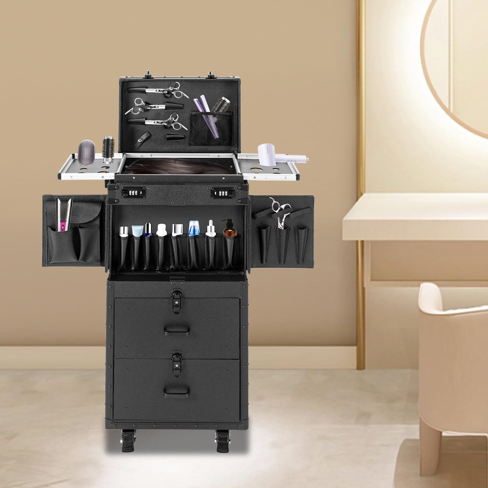 Lockable Rolling Makeup Train Case - 44.09 lbs Professional Cosmetology Trolley with Universal Wheels for Hair Stylists & Makeup Artists | Beauty Salon Cosmetic Storage & Mobile Hairdressing Station (Black) - Perfect for Salon Professionals, Traveling Artists & On-the-Go Beauty Services