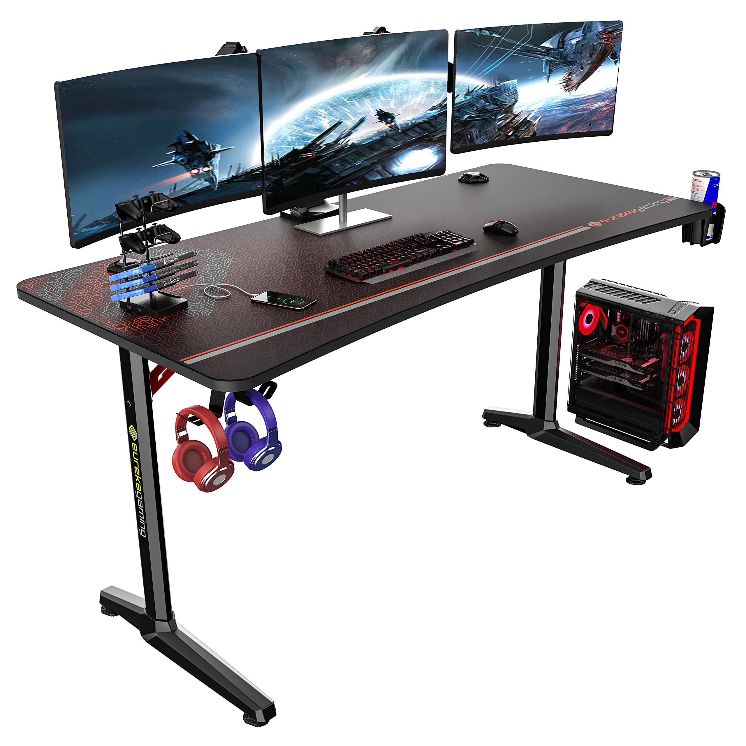 EUREKA ERGONOMIC 60 Inch Curved Gaming Desk with Large Adjustable Keyboard Tray - Perfect for PC Gaming, Streaming & Home Office Setup
