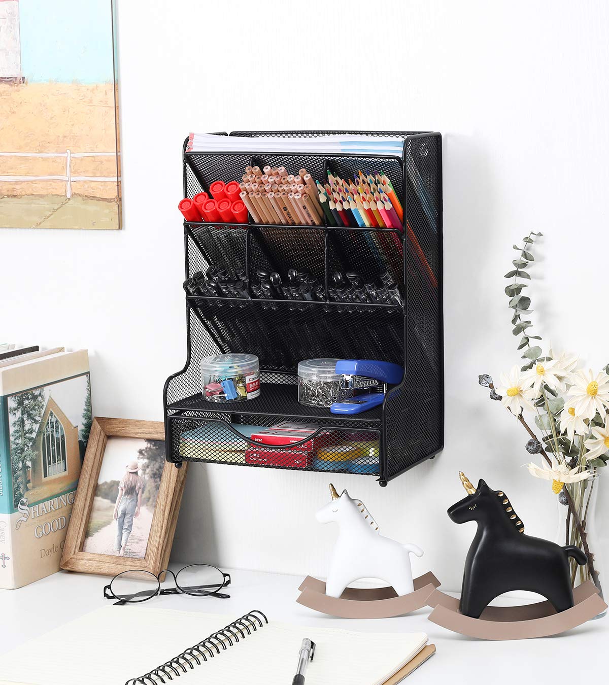 PAG Metal Mesh Desk Organizer with 9 Compartments & Drawer - Black Office Supplies Storage Caddy, Wall Mountable Pencil Holder for Kids - Perfect for School, Home Office & Workspace Organization