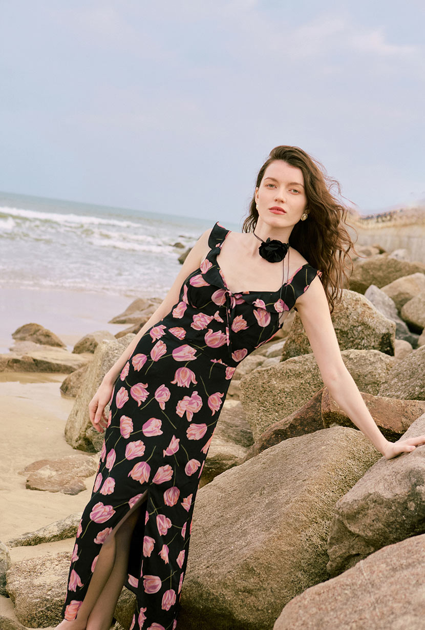 Tiana Dress - Black Floral Print Women's Maxi Dress | Elegant Summer Party & Wedding Guest Outfit
