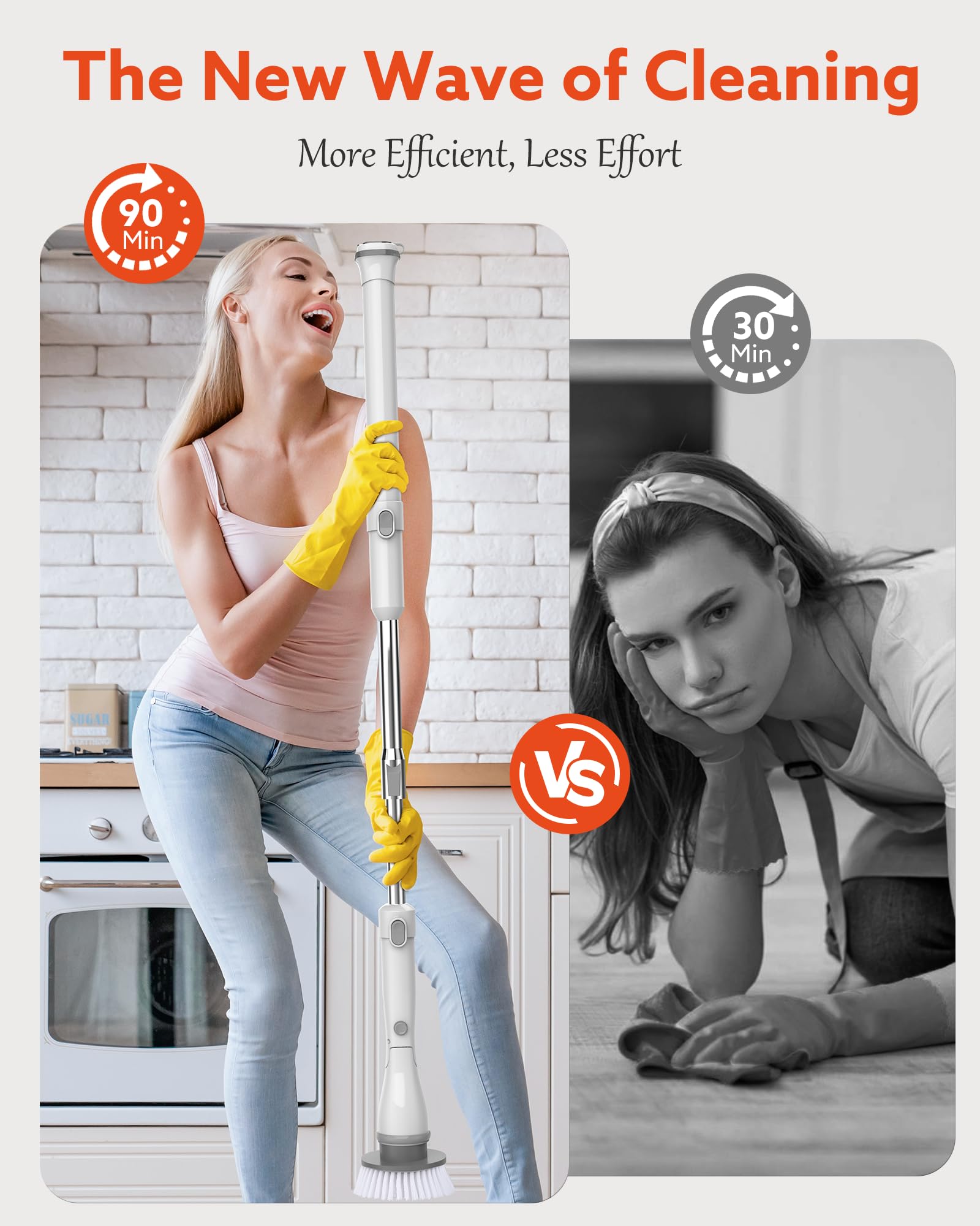 Electric Spin Scrubber Cordless - 1.5H Battery Life with 4 Replacement Heads & Long Handle for Bathroom, Shower, Tub, Tile, Grout & Floor Cleaning - Perfect for Deep Cleaning Hard-to-Reach Areas (White)