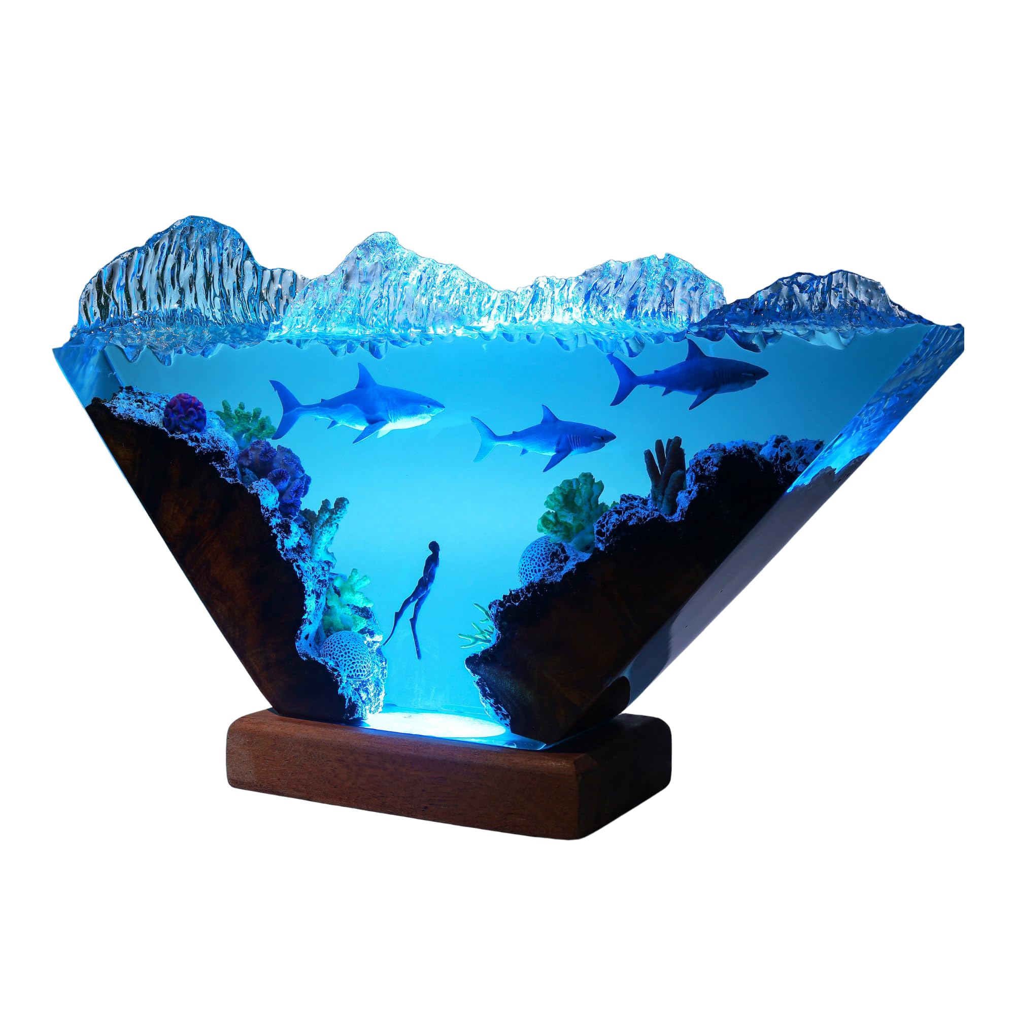 Epoxy Resin Ocean Table Lamp - Great White Shark & Diver Night Light, 12x6 Inch Deep Blue Sea Decor, Custom Personalized Valentine's Gift for Him or Her - Perfect for Bedroom, Living Room & Office Nightstand Lighting