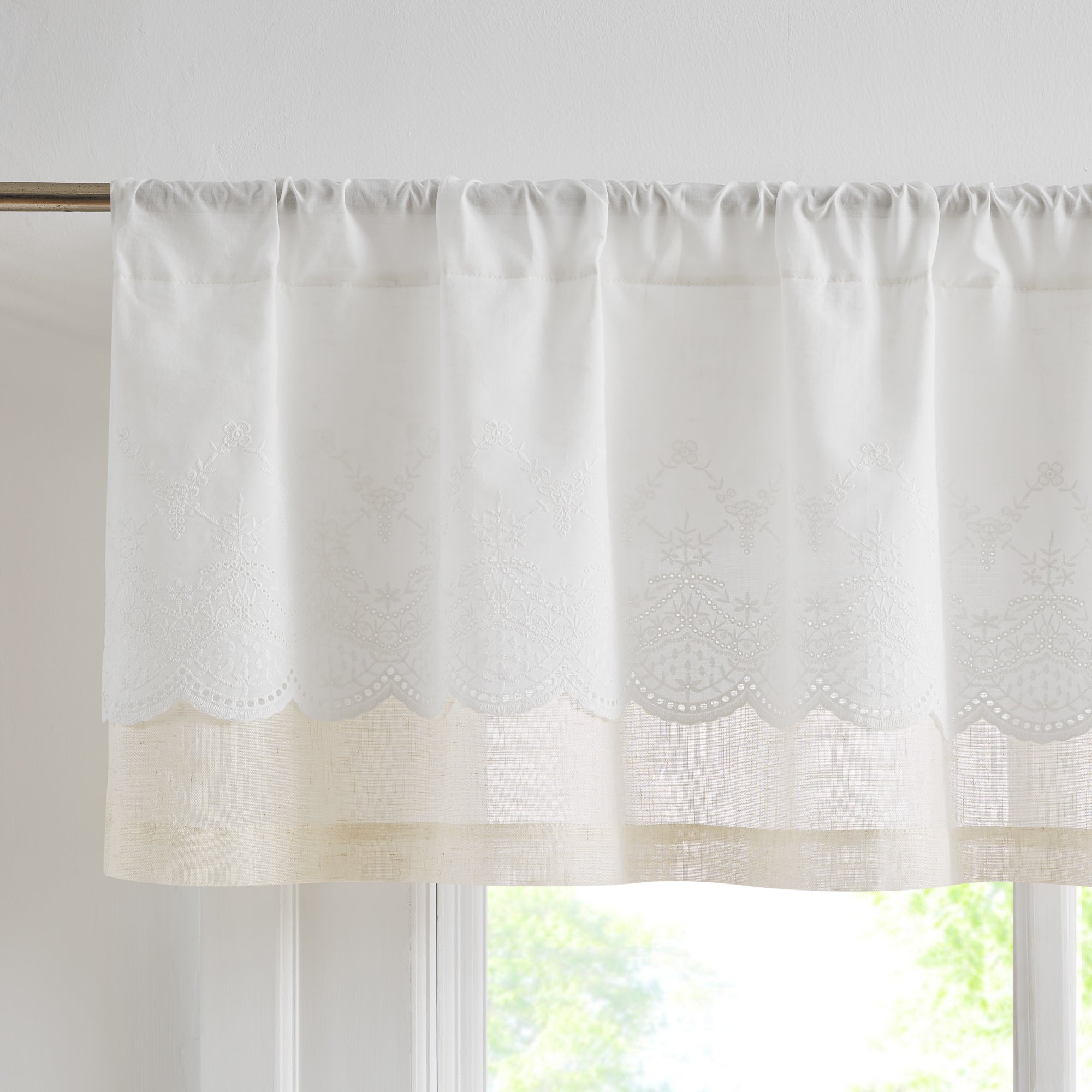 Brigitte Embroidery Eyelet Scalloped Edge Valance - Elegant Window Curtain Top for Living Room, Bedroom & Kitchen Decor