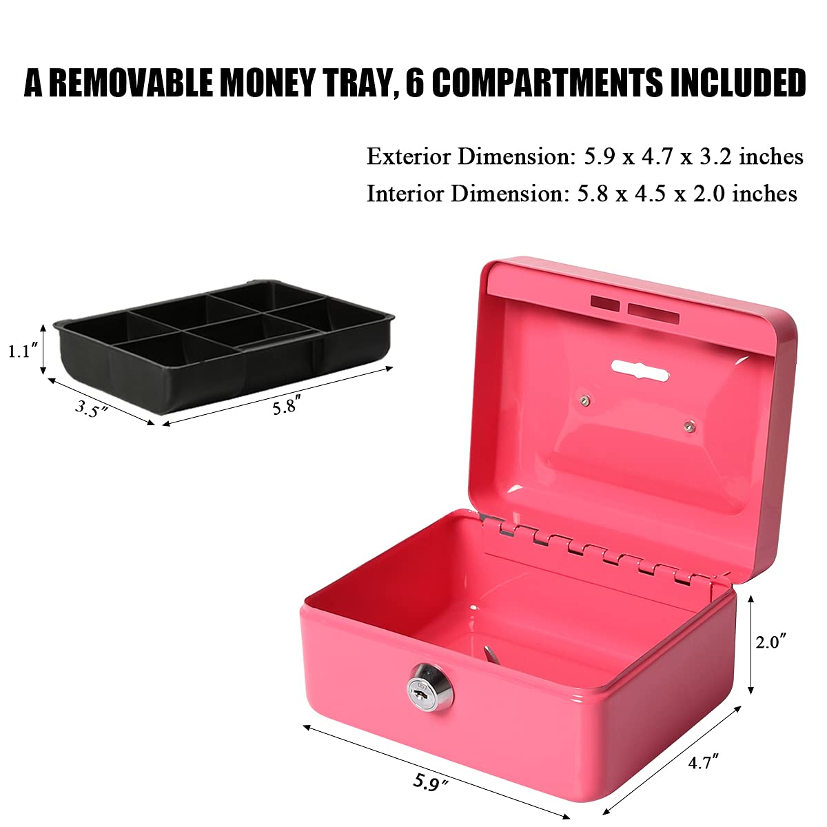 Jssmst Small Lock Cash Box with Money Tray - Secure Pink Locking Money Box for Kids with Top Slot (5.91 x 4.72 x 2.95 inches) - Perfect for Allowance Savings, Piggy Bank Alternative, and Home Office Cash Management (Model CB003-P)