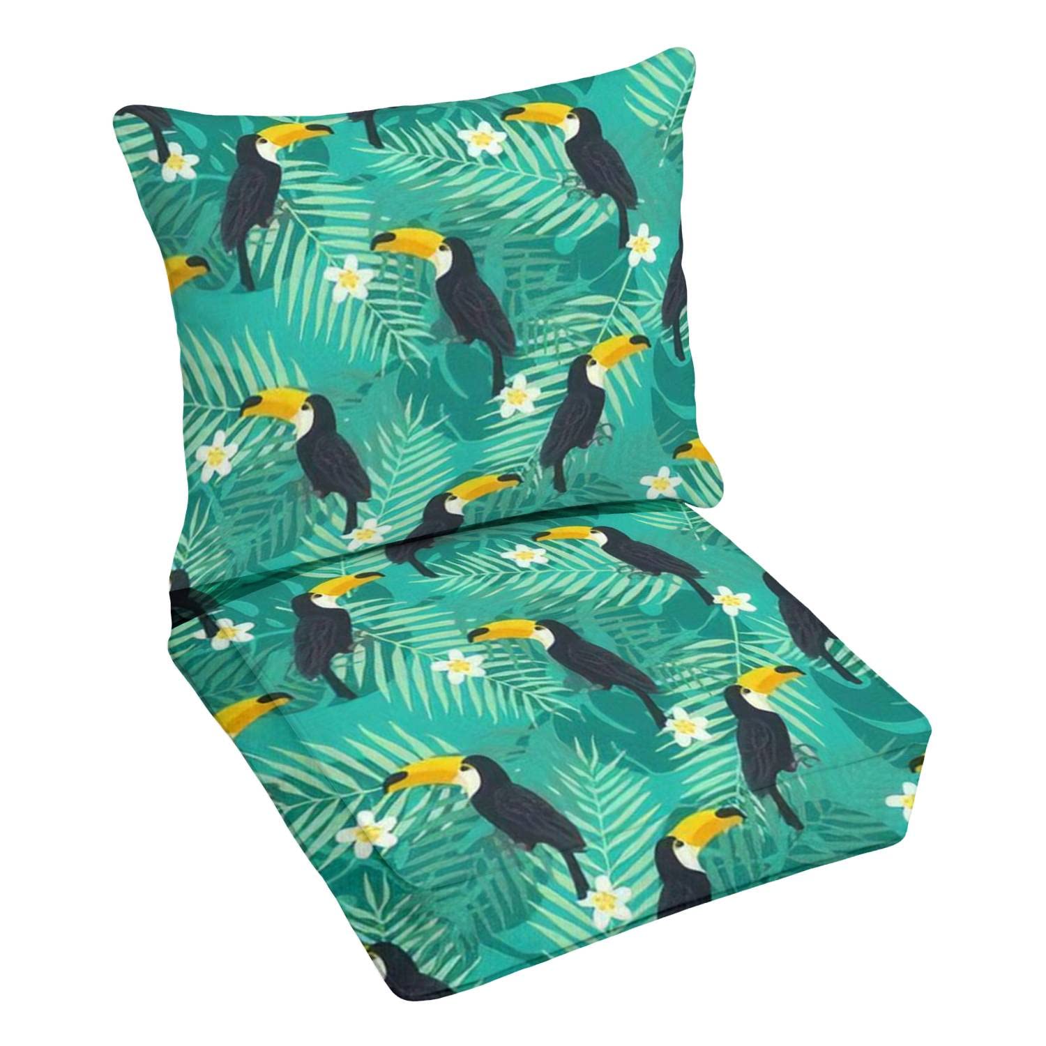 Outdoor Deep Seating Cushion Set - Tropical Toucan & Leaf Print, Premium Waterproof Patio Furniture Replacement Cushions for Lounge Chairs - Perfect for Poolside, Garden, and Backyard Relaxation
