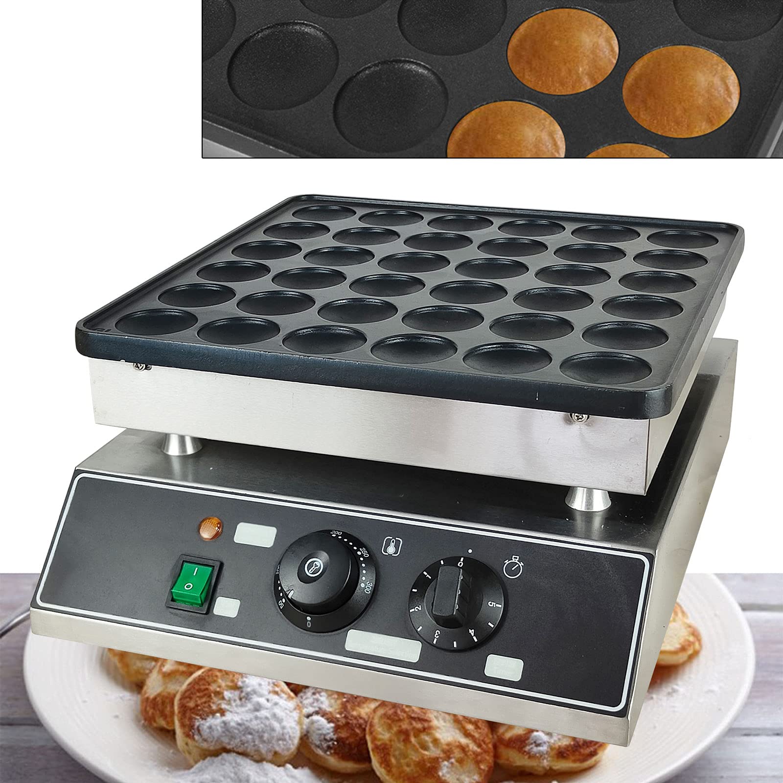 36PCS Mini Dutch Pancake Baker - Commercial Electric Waffle Maker for Poffertjes & Mini Pancakes - Stainless Steel Waffle Iron - Perfect for Breakfast, Brunch, Cafes & Catering Events