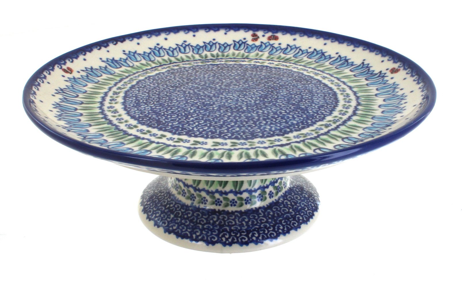 Handmade Blue Rose Polish Pottery Tulip Cake Plate - Elegant Floral Design for Garden Tea Parties, Wedding Desserts & Home Decor