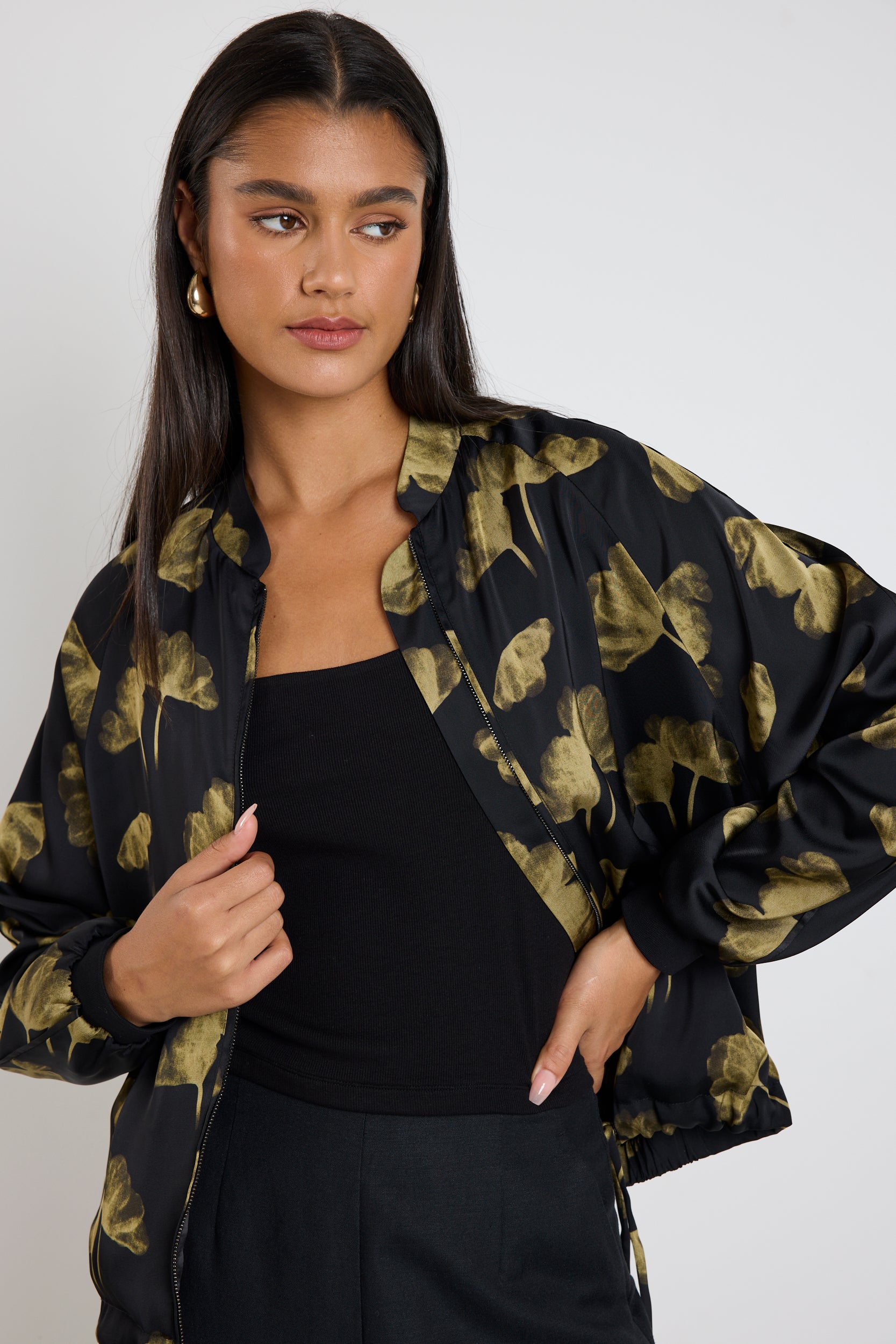 Aspire Black Khaki Floral Satin Bomber Jacket for Women - Stylish Lightweight Spring Outerwear for Casual Wear & Night Out