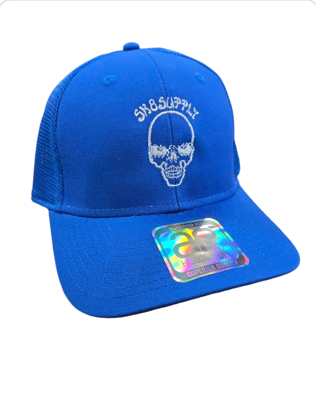SK8SUPPLY Wes Humpston Skull Logo UPGRADED TRUCKER Snapback Hat - Blue & White | Vintage Skate Style for Men & Women | Perfect for Streetwear, Skateboarding, and Casual Outfits