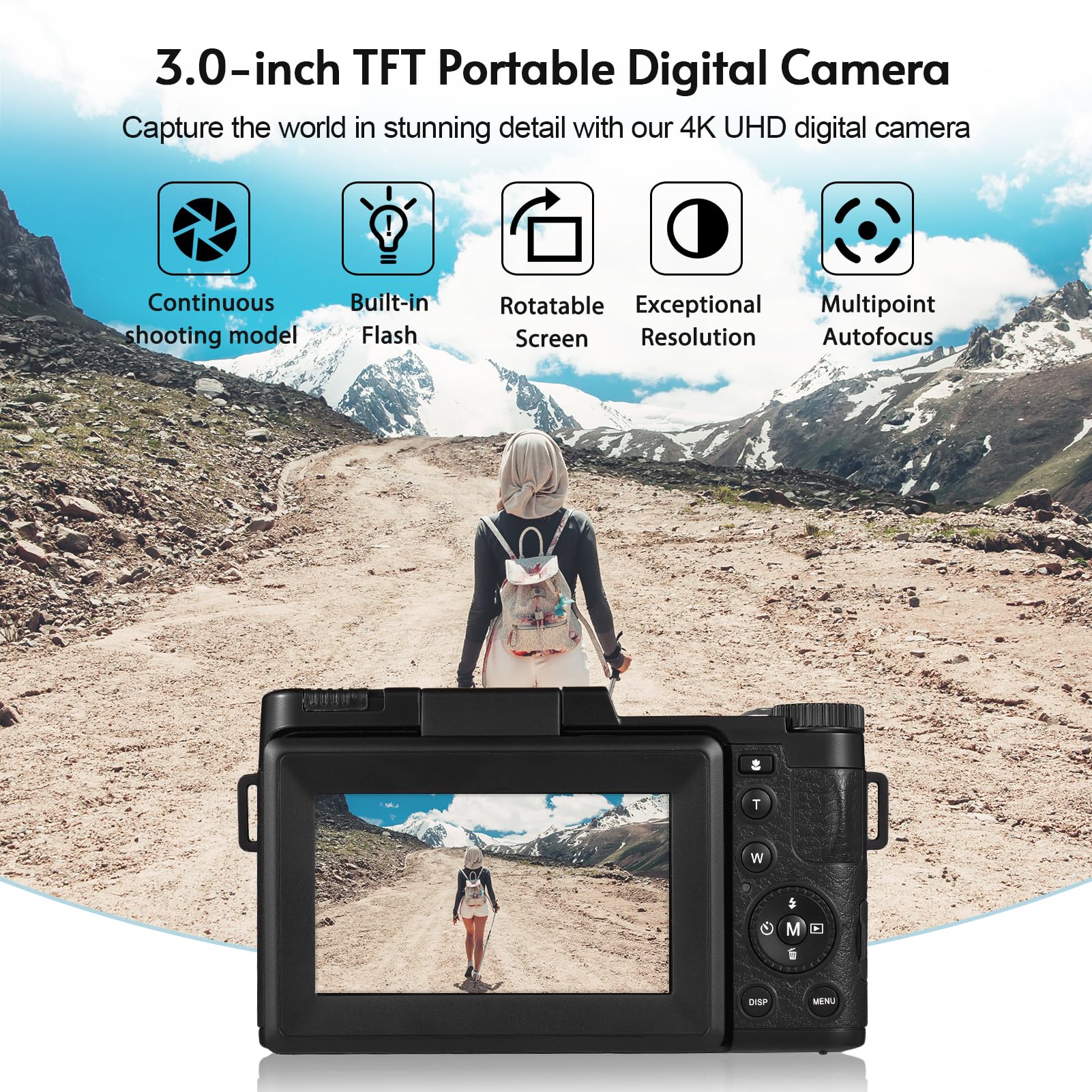 Sunydog 4K 48MP Digital Camera with Rotatable 3.0-inch TFT Screen, 16X Zoom & 128GB Expandable Memory - Includes 2 Batteries & 32GB Card - Perfect for Travel, Vlogging, and Outdoor Photography