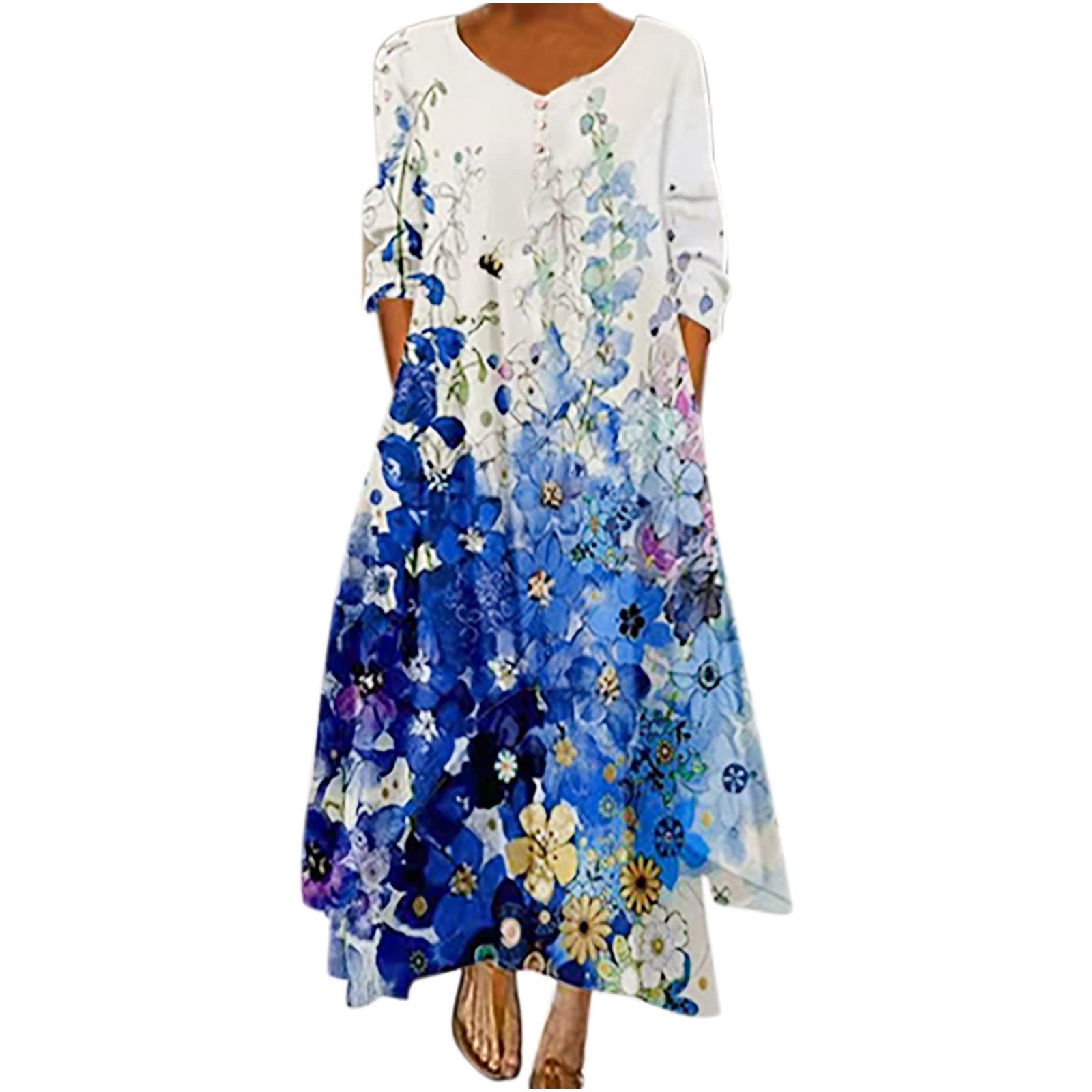 Dgoopd Women's Summer Long Sleeve Button Up Maxi Dress with Irregular Hem - Floral Butterfly Print A-Line Dress for Casual, Beach & Special Occasions