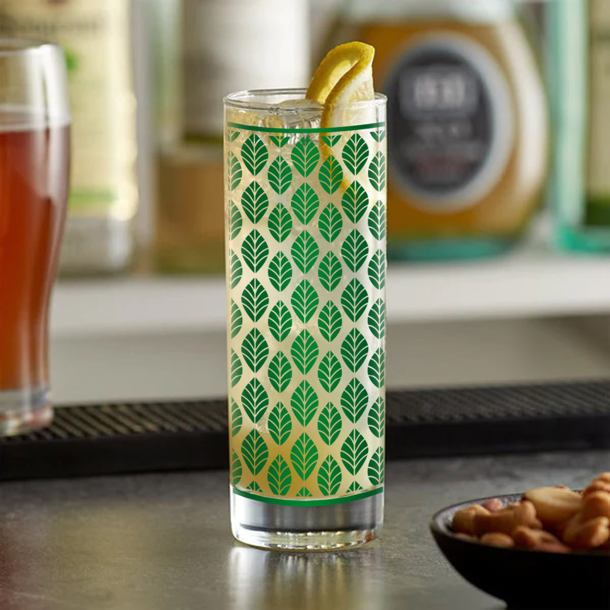 BarConic® Collins Glass - Dark Green Retro Leaves Pattern, 9.5 oz Vintage Drinking Glass for Cocktails, Iced Tea & Lemonade - Perfect for Home Bars, Parties & Retro-Themed Gatherings