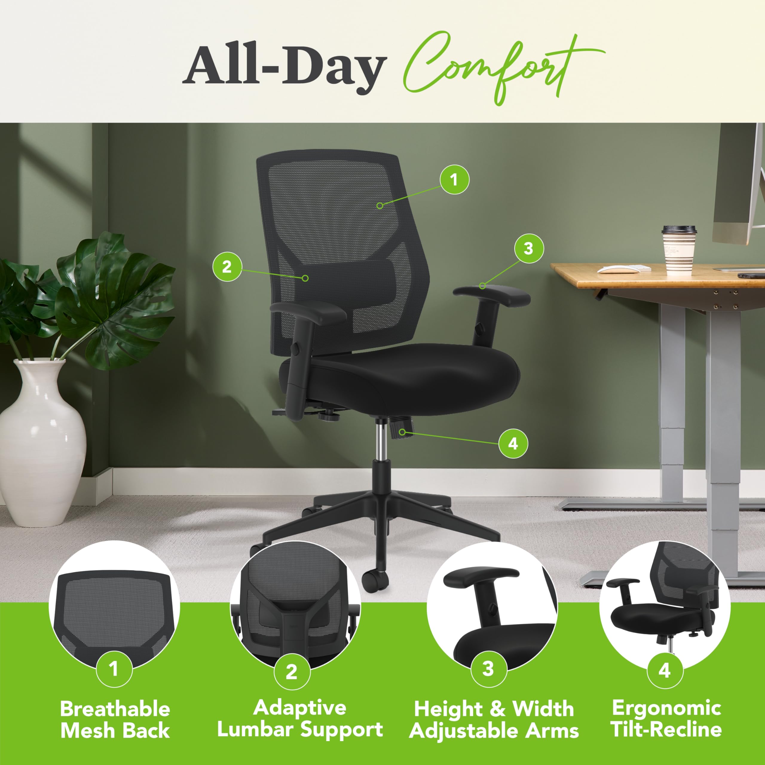 HON Crio High Back Ergonomic Office Chair - Adjustable Mesh Desk Chair with Wheels, Arms & Center-Tilt Recline - Comfortable Swivel Chair for Home Office & Long Work Hours - Black - Perfect for Professionals, Gamers & Remote Workers