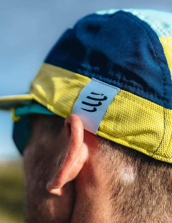 Compressport Unisex 5-Panel Lightweight Running Cap - Eggshell Blue/Green Sheen/Dress Blues - Perfect for Jogging, Hiking & Outdoor Sports