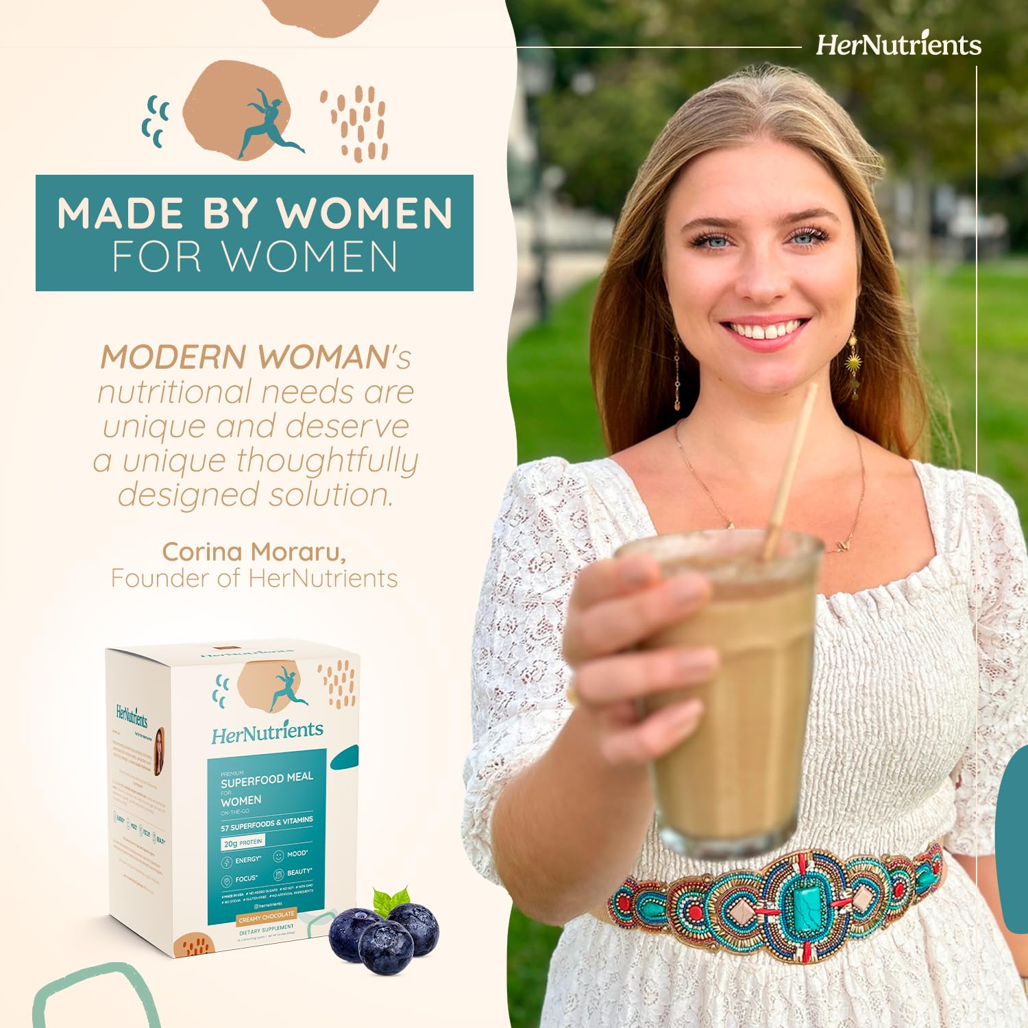 SuperFood Meal Replacement Protein Powder for Women - All-In-One Shake with Greens, Vitamins & Collagen | Chocolate Flavor, No Added Sugar | Supports Women's Health, Energy, Focus & Beauty | Perfect for Breakfast, Post-Workout or Healthy Snack (1 Sample Packet, Chocolate)