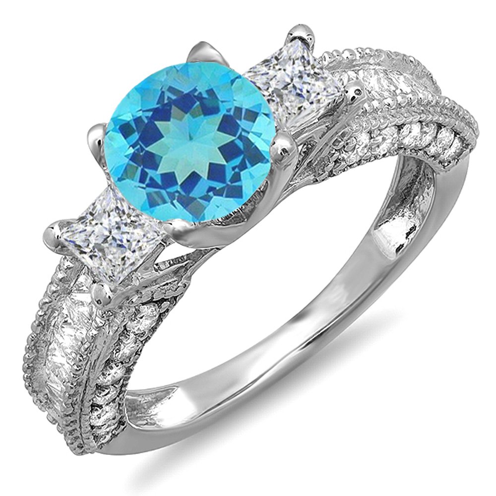 14K Solid White Gold Blue Topaz & White Diamond Women's 3 Stone Engagement Ring – Elegant Bridal Jewelry for Proposals, Anniversaries & Special Occasions