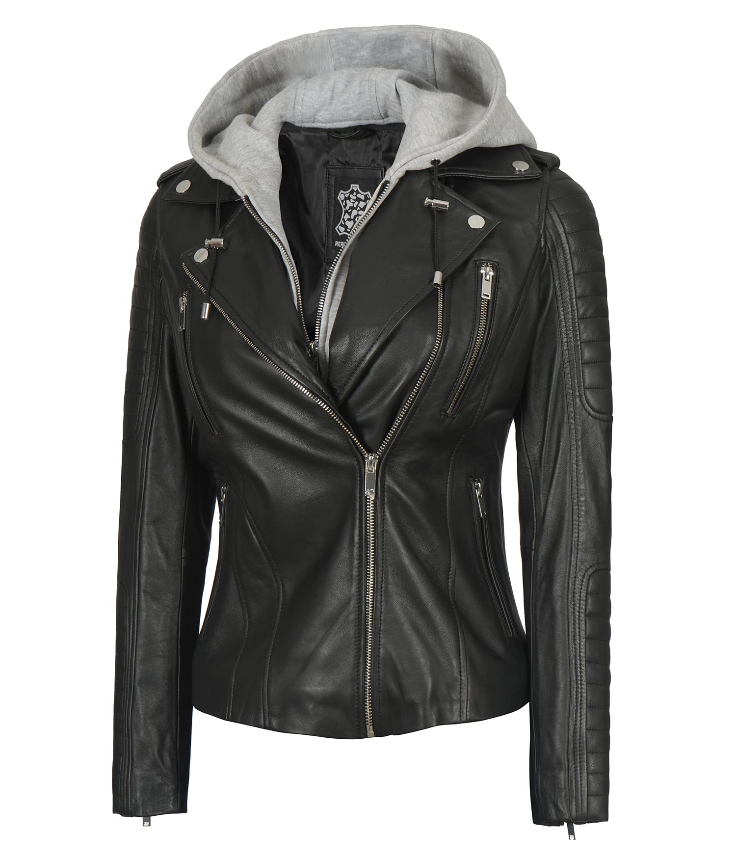 Decrum Women's Real Lambskin Leather Jacket with Removable Hood - Brown & Black Casual Biker Jacket for Women | Perfect for Motorcycle Riding, Fall Fashion & Outdoor Adventures