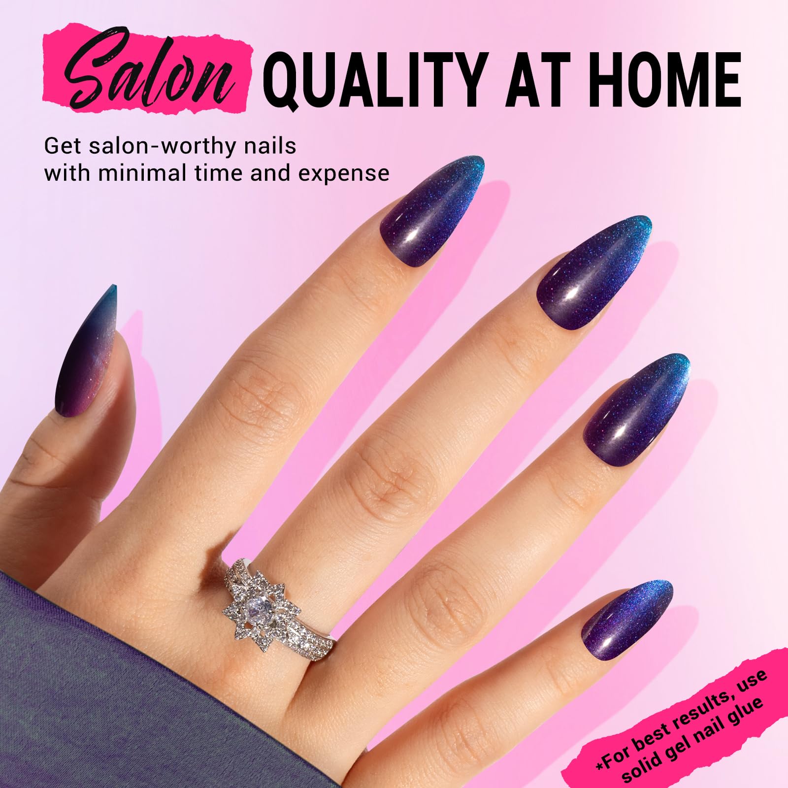 Melodysusie Press On Nails Almond Shape - Blue Purple Cat Eye Design, Medium Length Fake Nails with Salon-Quality Finish | Reusable Stick On Nails Kit Includes 15 Sizes & 30PCS with Nail Glue | Perfect for Parties, Weddings, Date Nights & Everyday Wear